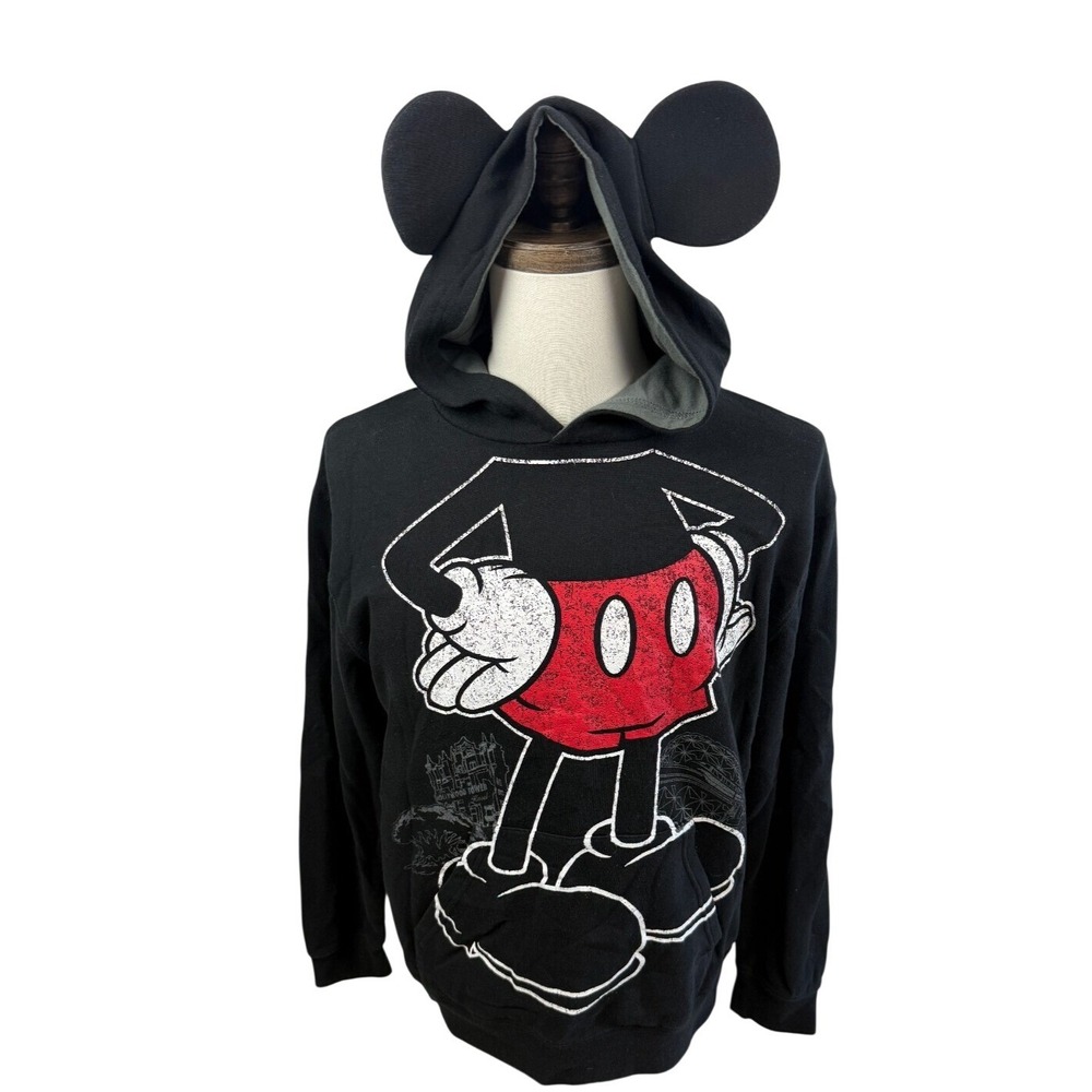 Disney Parks Mickey Mouse Hoodie Black 3D Ears Sweatshirt Mens Size Medium‎